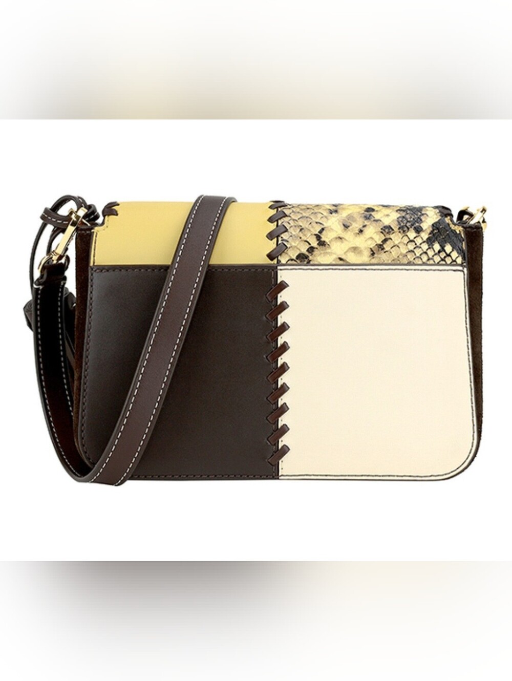 Tory Burch  Thea Patchwork Leather & Snakeskin Yellow, Brown & Cream Crossbody - Picture 3 of 5